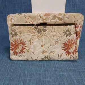1950s Vintage Fold Over Clutch with Cream Brocade Embroidered Floral Pattern